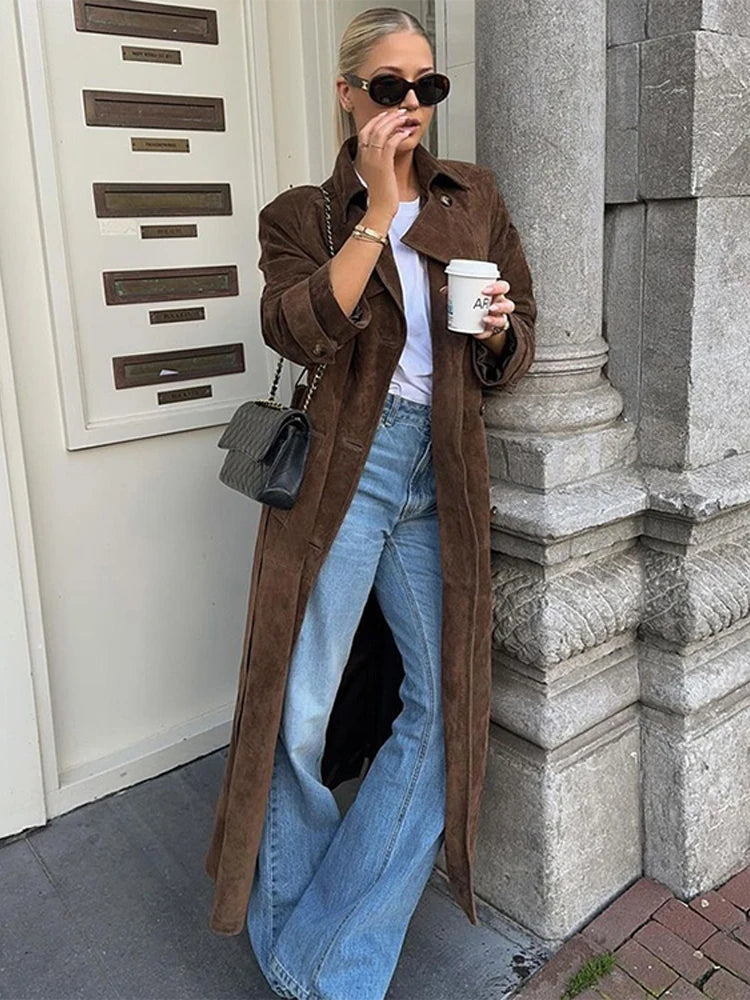 Suede Women Long Trench Coats