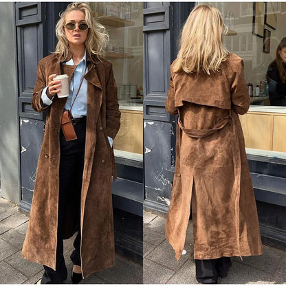 Suede Women Long Trench Coats