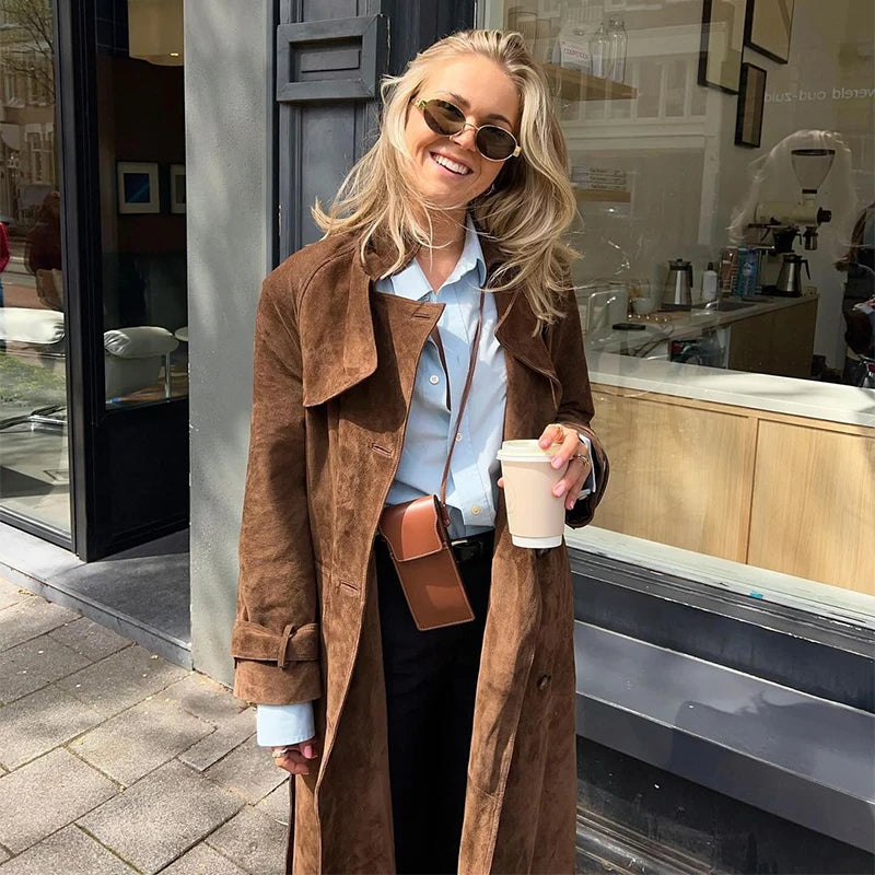 Suede Women Long Trench Coats