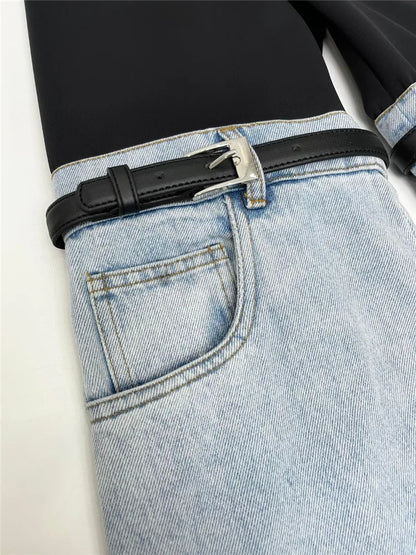 Waist Straight Patchwork PU Leather Buckle Streetwear