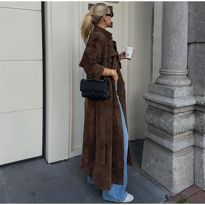 Suede Women Long Trench Coats