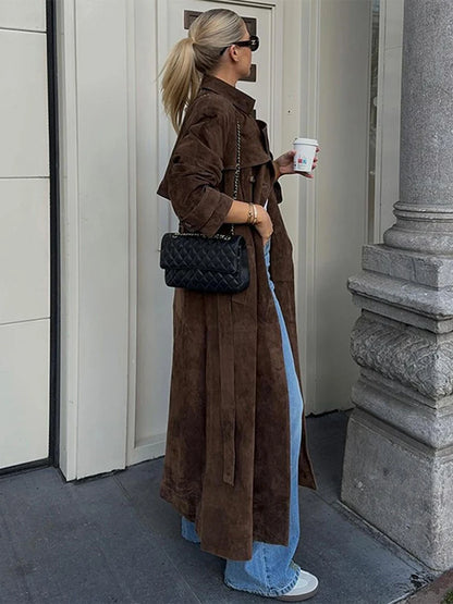 Suede Women Long Trench Coats